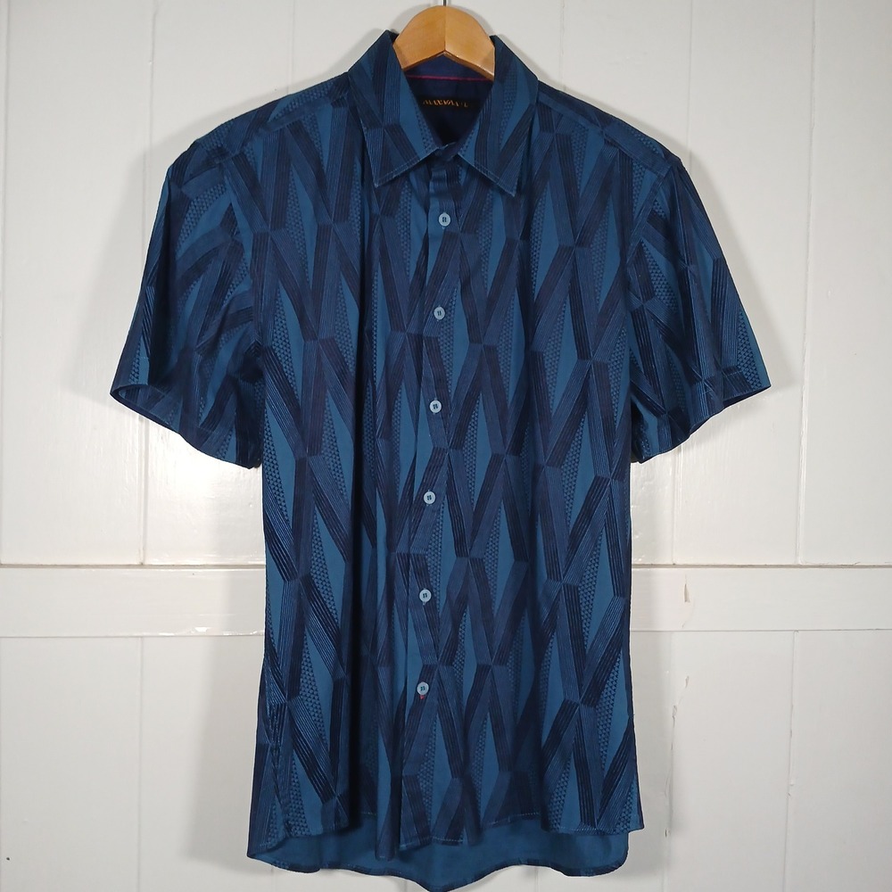 Manaola Button Up Aloha Shirt Mens L Blue Geometric Tribal Short Sleeve Hawaiian